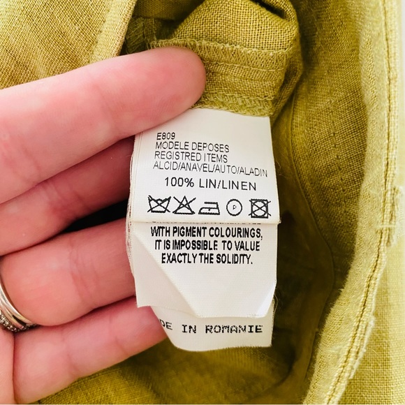 Irene Van Ryb Pea Green 100% Linen Classic Effortless Straight Leg Pants Size 42 - Picture 7 of 9